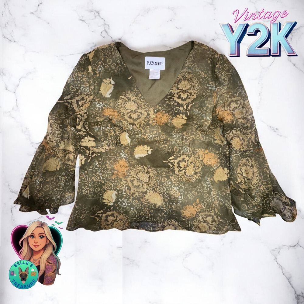 Vintage Y2K Bell Sleeve Floral Print V Neck Flowy Blouse‎ Size 12 Fairy Grunge